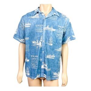 Cooke Street Vintage Blue White Boat Print Aloha Hawaiian Shirt M